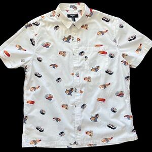 Sushi Print White Button Down Short Sleeve Shirt Front Pocket Novelty Mens XL